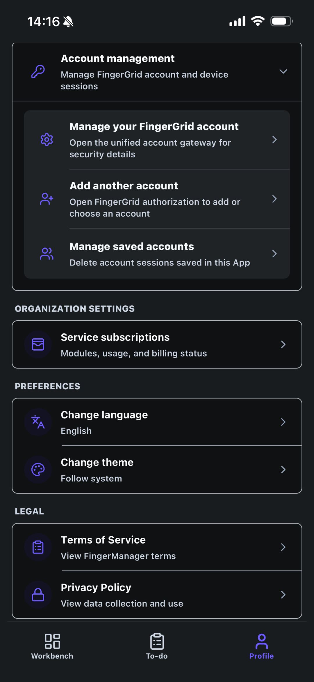 Finger Manager Mobile App Profile screenshot showing account sessions, organization subscriptions, preferences, and legal links