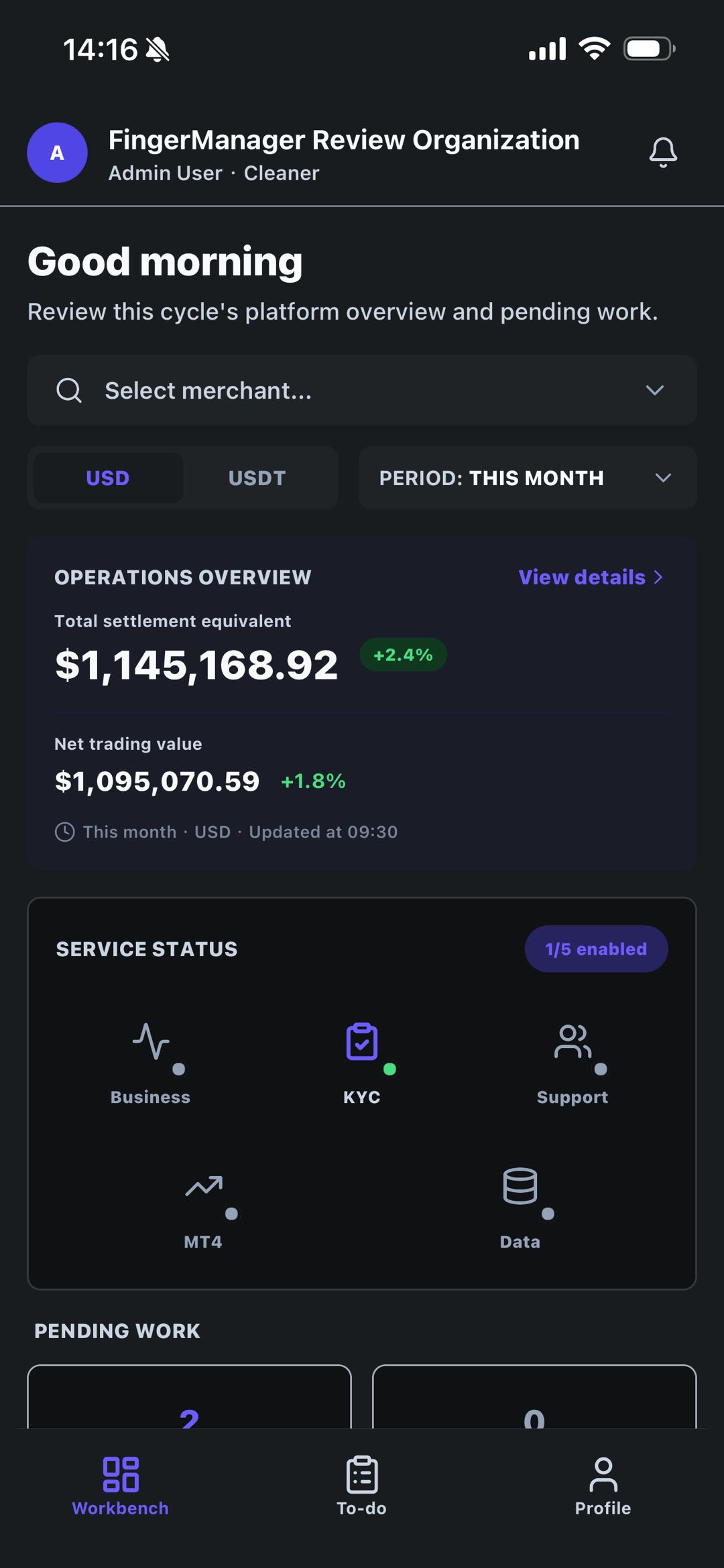 Finger Manager Mobile App Workbench screenshot showing internal operations overview, service status, and pending work