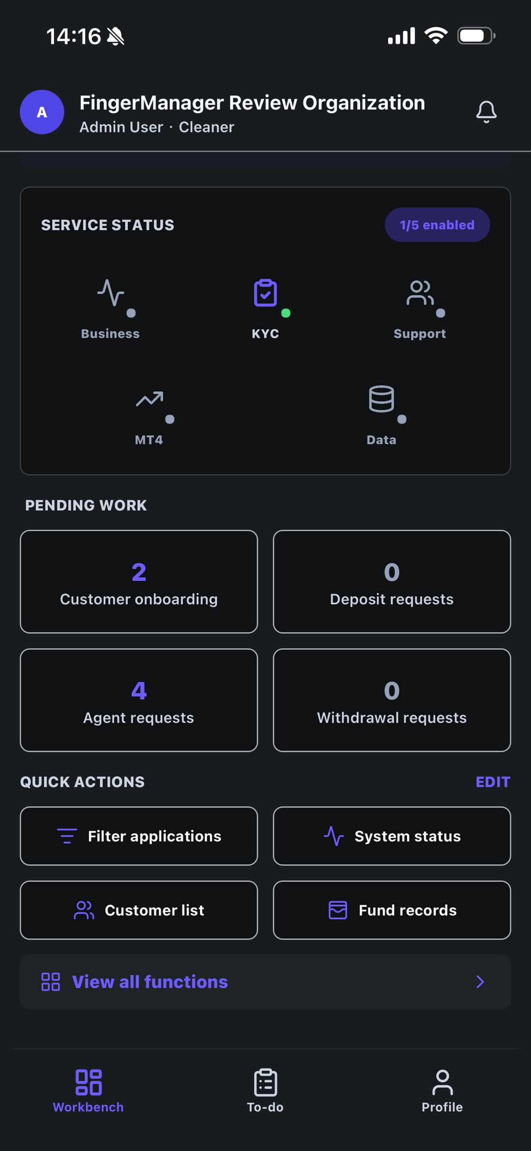 Finger Manager Mobile App task screenshot showing service status, task counters, and internal operation shortcuts